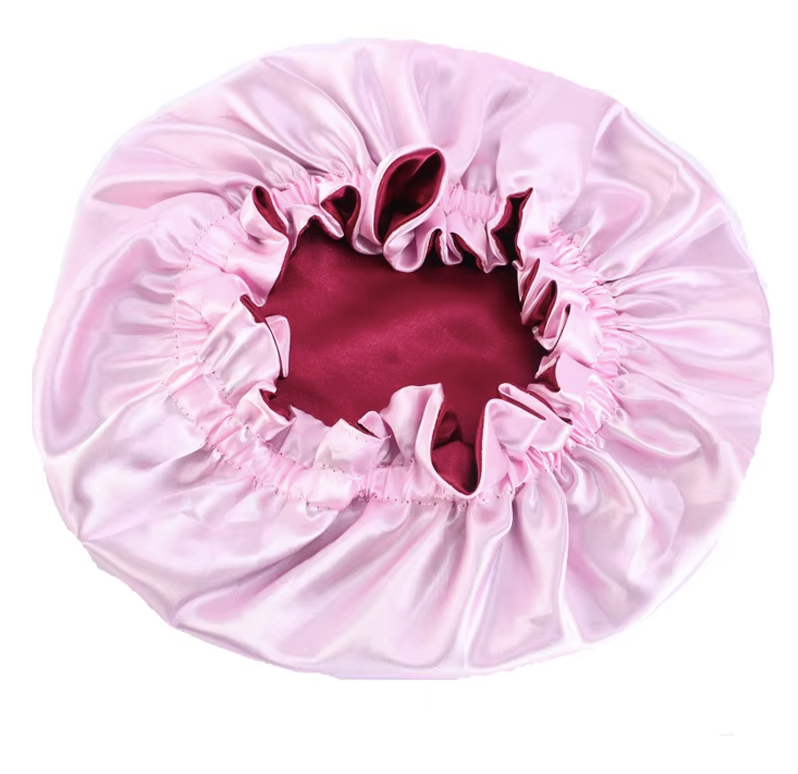 Cuffia notte in satin 100% per bambini (età 3-9 anni) colore rosa baby- rosso bordeaux double face
