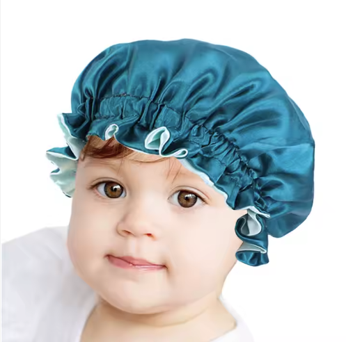 Cuffia notte in satin 100% per bambini (età 3-9 anni) colore verde acqua- verde double face