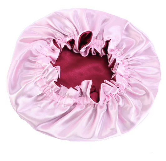 Cuffia notte in satin 100% per bambini (età 3-9 anni) colore rosa baby- rosso bordeaux double face